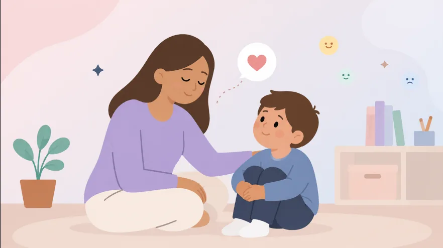 Ilustración de una madre sentada en el piso junto a su hijo, con la mano en su hombro, conversando con cariño en un ambiente cálido