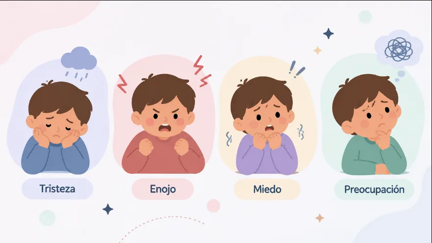Ilustración de un niño expresando cuatro emociones: tristeza, enojo, miedo y preocupación
