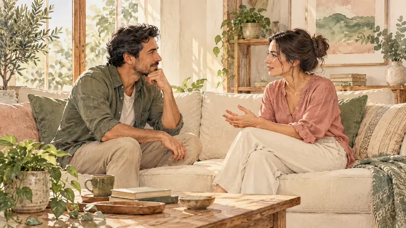 Ilustración en acuarela de una pareja sentada en el sofá de la sala conversando con calma; él la escucha con atención y ella le explica algo con las manos