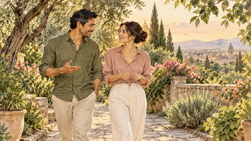 Ilustración en acuarela de una pareja caminando juntos por un jardín al atardecer, conversando y sonriéndose