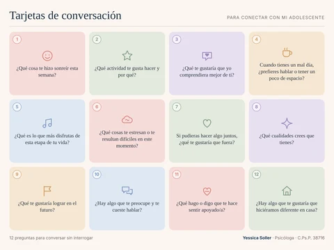 Vista previa de las 12 tarjetas de conversación para adolescentes, en colores pastel, con una pregunta breve en cada tarjeta