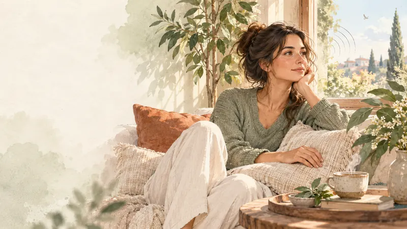 Ilustración en acuarela de una mujer recostada junto a la ventana, con la mano en la mejilla, observando con calma el paisaje mientras una taza de té humea a su lado